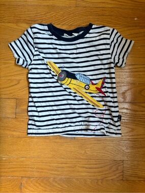 Jojo Maman Bebe Striped Navy & White Kids Tee with Yellow Airplane Applique